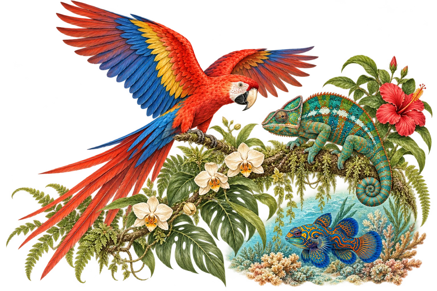 Natural-history illustration of a colorful macaw, a chameleon on a branch, and a patterned marine fish in a separate reef vignette